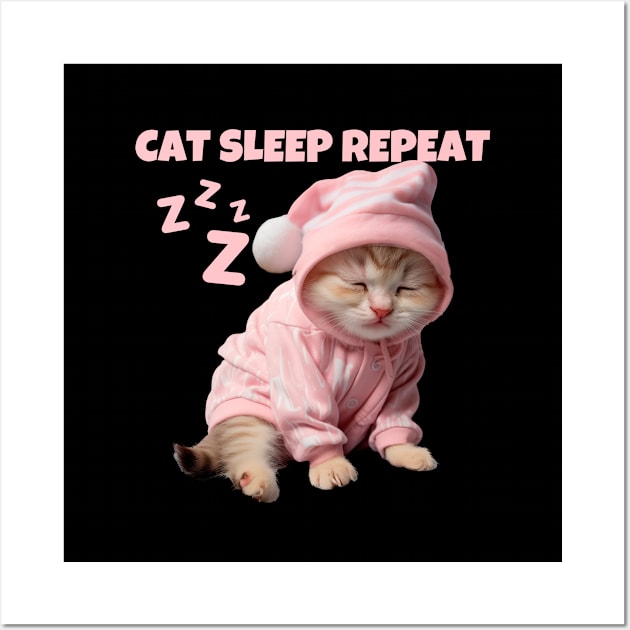 Cat Sleep Repeat Wall Art by TayaDesign